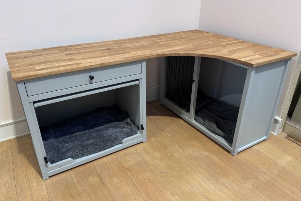 L-shaped corner desk with two kennels beneath