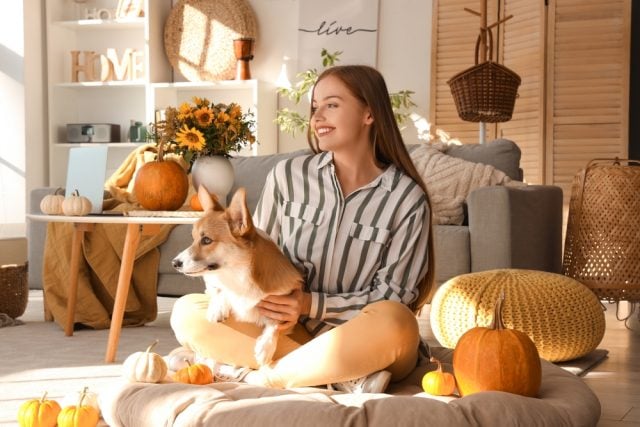 Young,Woman,With,Corgi,Dog,At,Home,On,Thanksgiving,Day 10 Pet-Friendly Fall Home Decor Featured Image