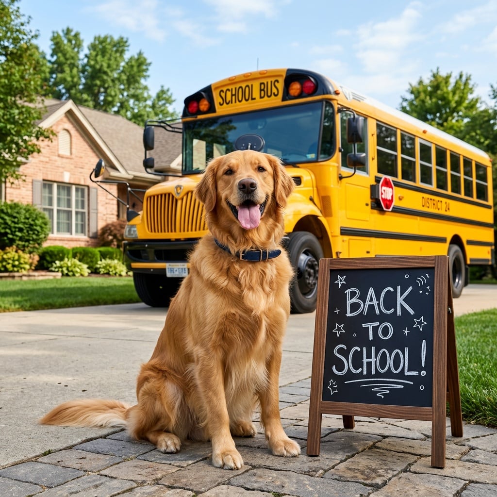 Dog waiting for school bus - Back to school concept